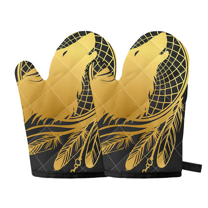 Golden Bohemian Howling Wolf Print Oven Mitts