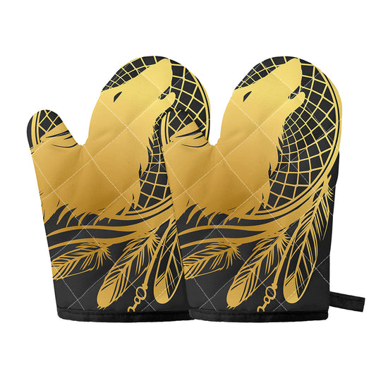 Golden Bohemian Howling Wolf Print Oven Mitts