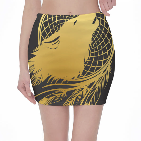 Golden Bohemian Howling Wolf Print Pencil Mini Skirt