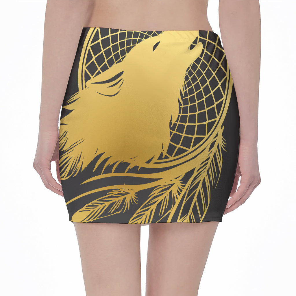 Golden Bohemian Howling Wolf Print Pencil Mini Skirt