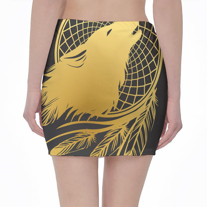 Golden Bohemian Howling Wolf Print Pencil Mini Skirt
