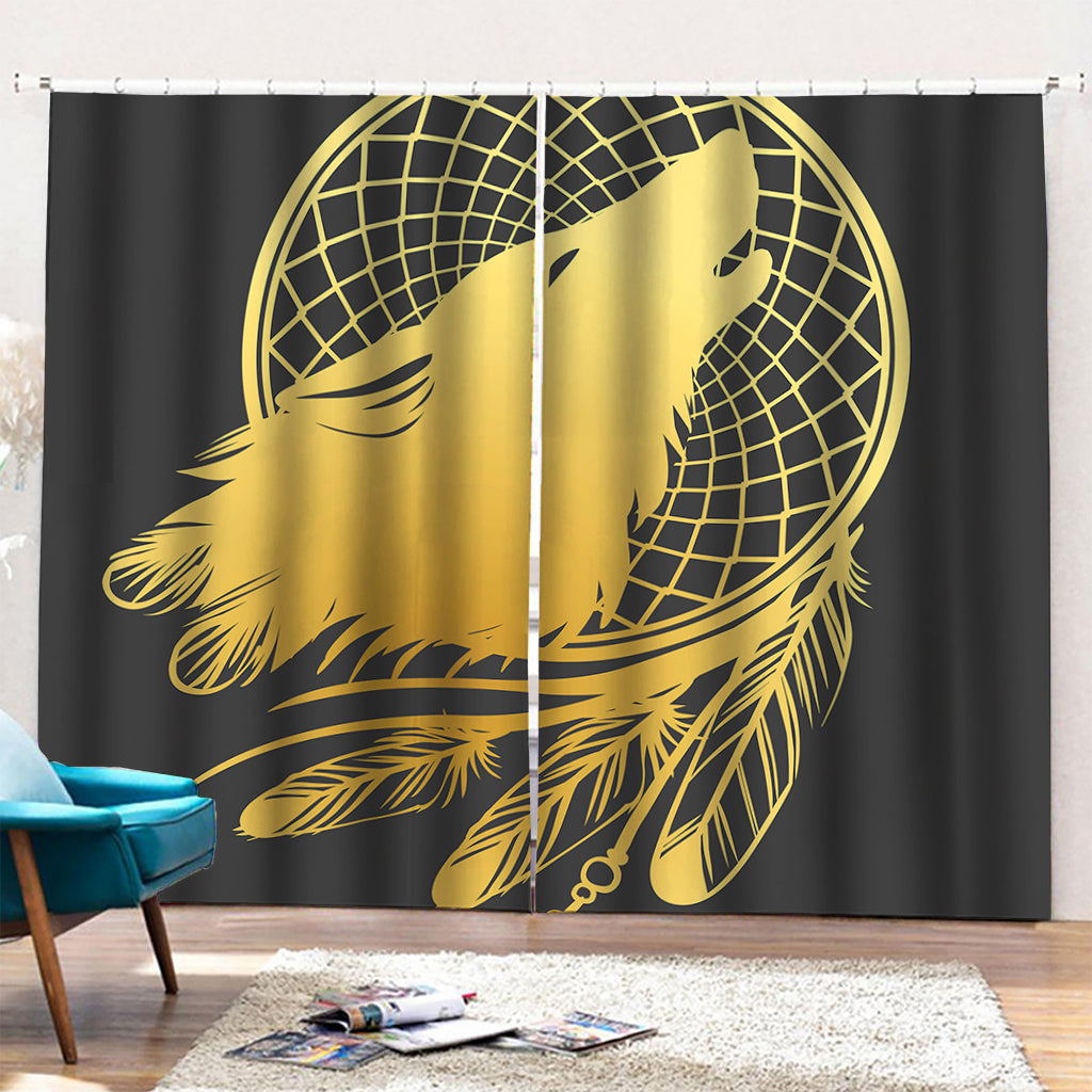 Golden Bohemian Howling Wolf Print Pencil Pleat Curtains