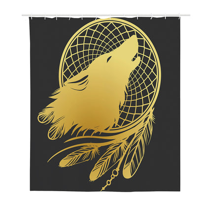 Golden Bohemian Howling Wolf Print Polyester Shower Curtain
