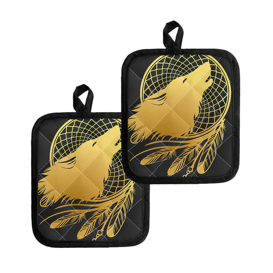 Golden Bohemian Howling Wolf Print Pot Holders