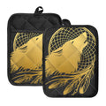 Golden Bohemian Howling Wolf Print Pot Holders With Pocket