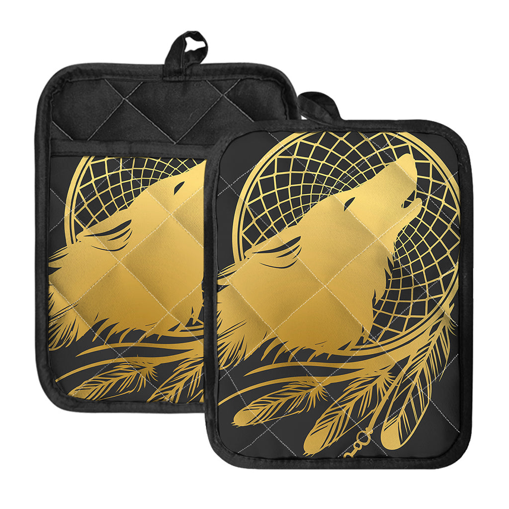 Golden Bohemian Howling Wolf Print Pot Holders With Pocket
