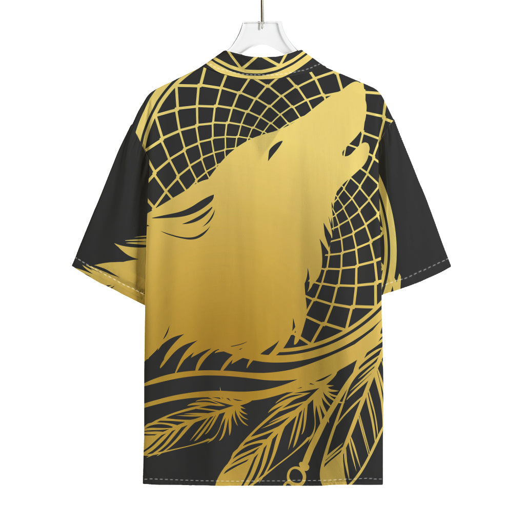 Golden Bohemian Howling Wolf Print Rayon Hawaiian Shirt