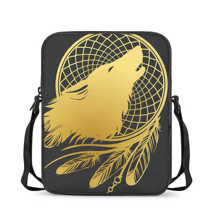 Golden Bohemian Howling Wolf Print Rectangular Crossbody Bag