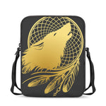 Golden Bohemian Howling Wolf Print Rectangular Crossbody Bag