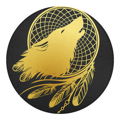 Golden Bohemian Howling Wolf Print Round Blanket