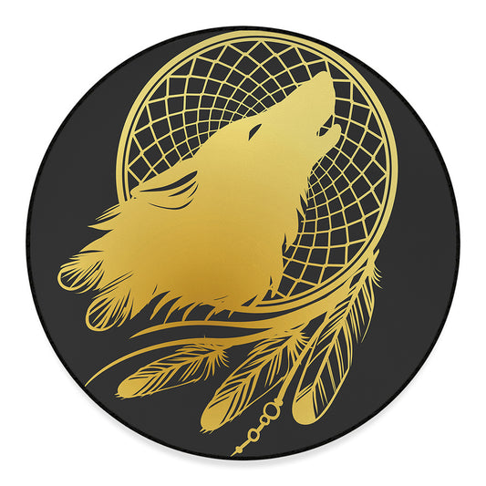 Golden Bohemian Howling Wolf Print Round Floor Mat