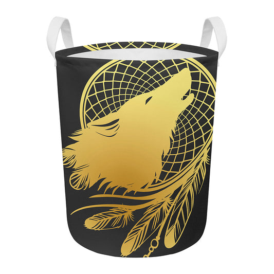 Golden Bohemian Howling Wolf Print Round Laundry Basket