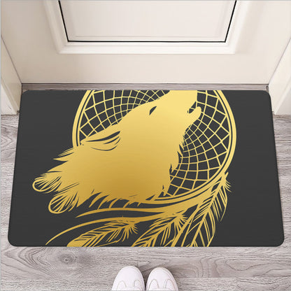 Golden Bohemian Howling Wolf Print Rubber Doormat