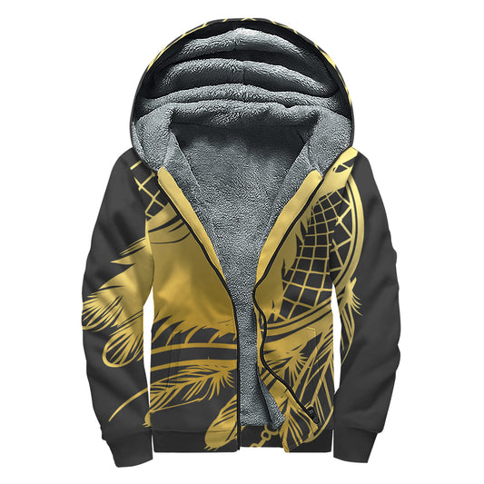 Golden Bohemian Howling Wolf Print Sherpa Lined Zip Up Hoodie