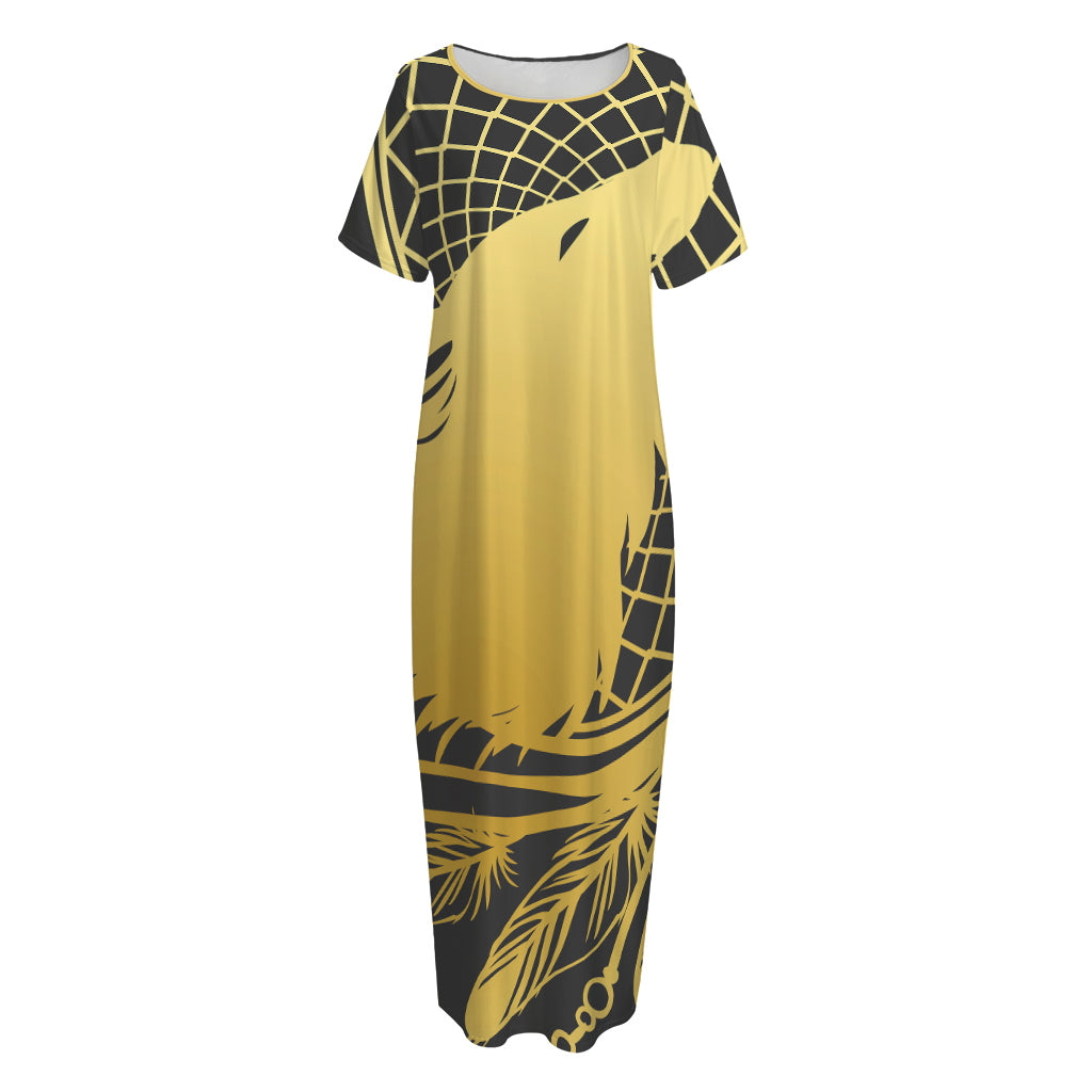 Golden Bohemian Howling Wolf Print Short Sleeve Long Nightdress