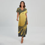 Golden Bohemian Howling Wolf Print Short Sleeve Maxi Dress