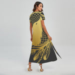 Golden Bohemian Howling Wolf Print Short Sleeve Maxi Dress