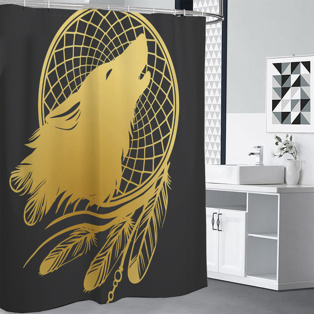 Golden Bohemian Howling Wolf Print Shower Curtain