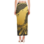 Golden Bohemian Howling Wolf Print Side Slit Maxi Skirt