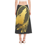 Golden Bohemian Howling Wolf Print Side Slit Midi Skirt