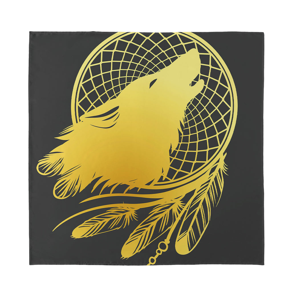 Golden Bohemian Howling Wolf Print Silk Bandana