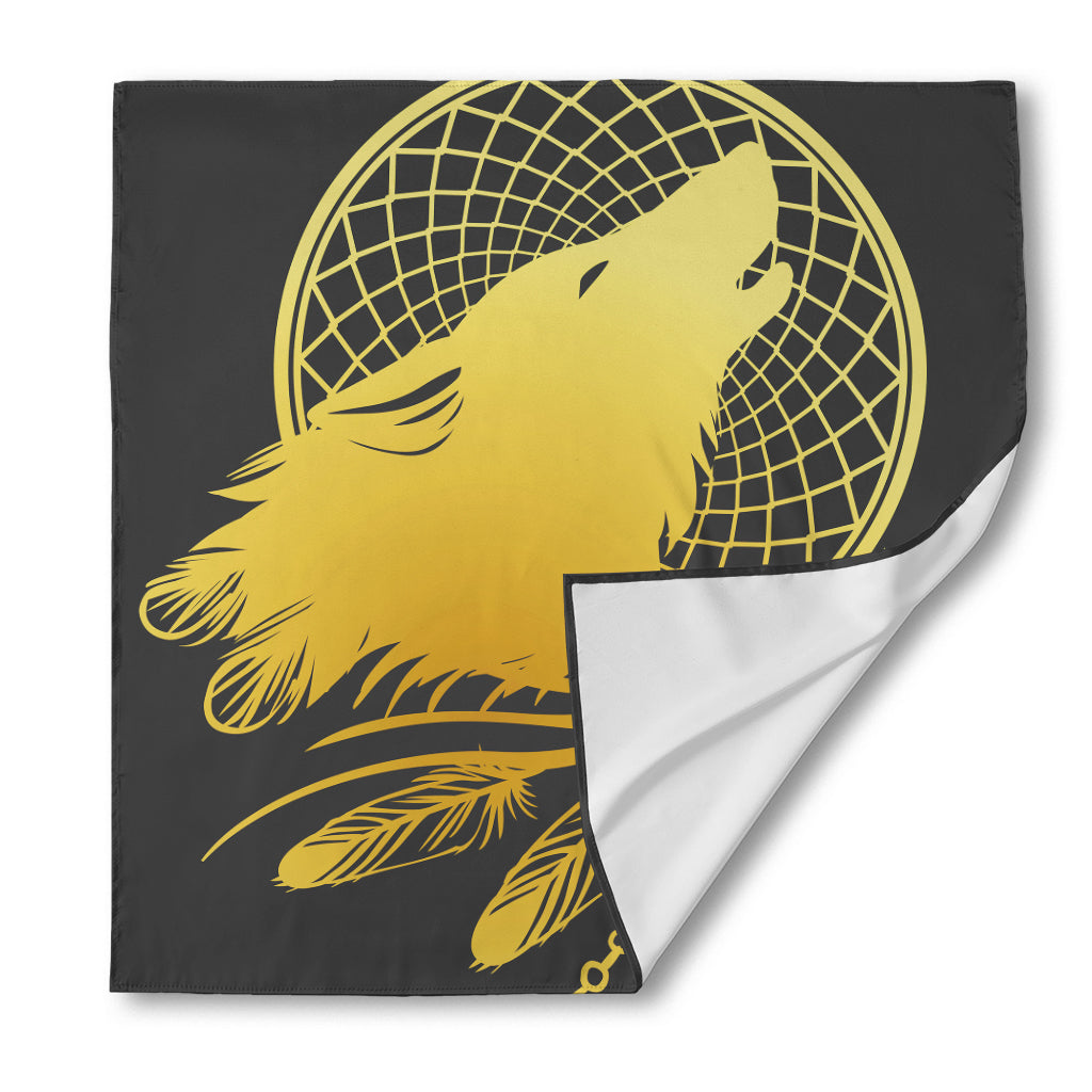Golden Bohemian Howling Wolf Print Silk Bandana