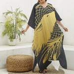 Golden Bohemian Howling Wolf Print Silk V-Neck Kaftan Dress