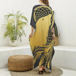 Golden Bohemian Howling Wolf Print Silk V-Neck Kaftan Dress