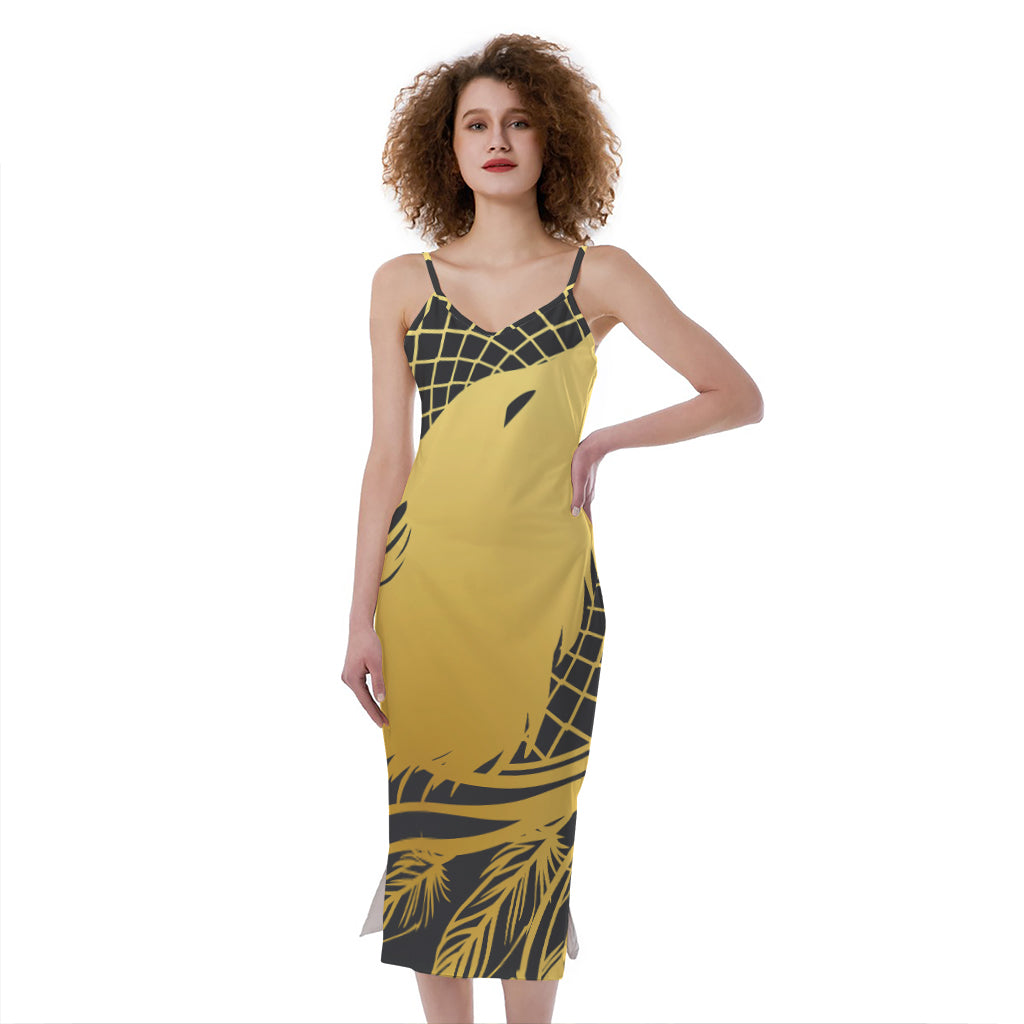 Golden Bohemian Howling Wolf Print Slim Fit Midi Cami Dress