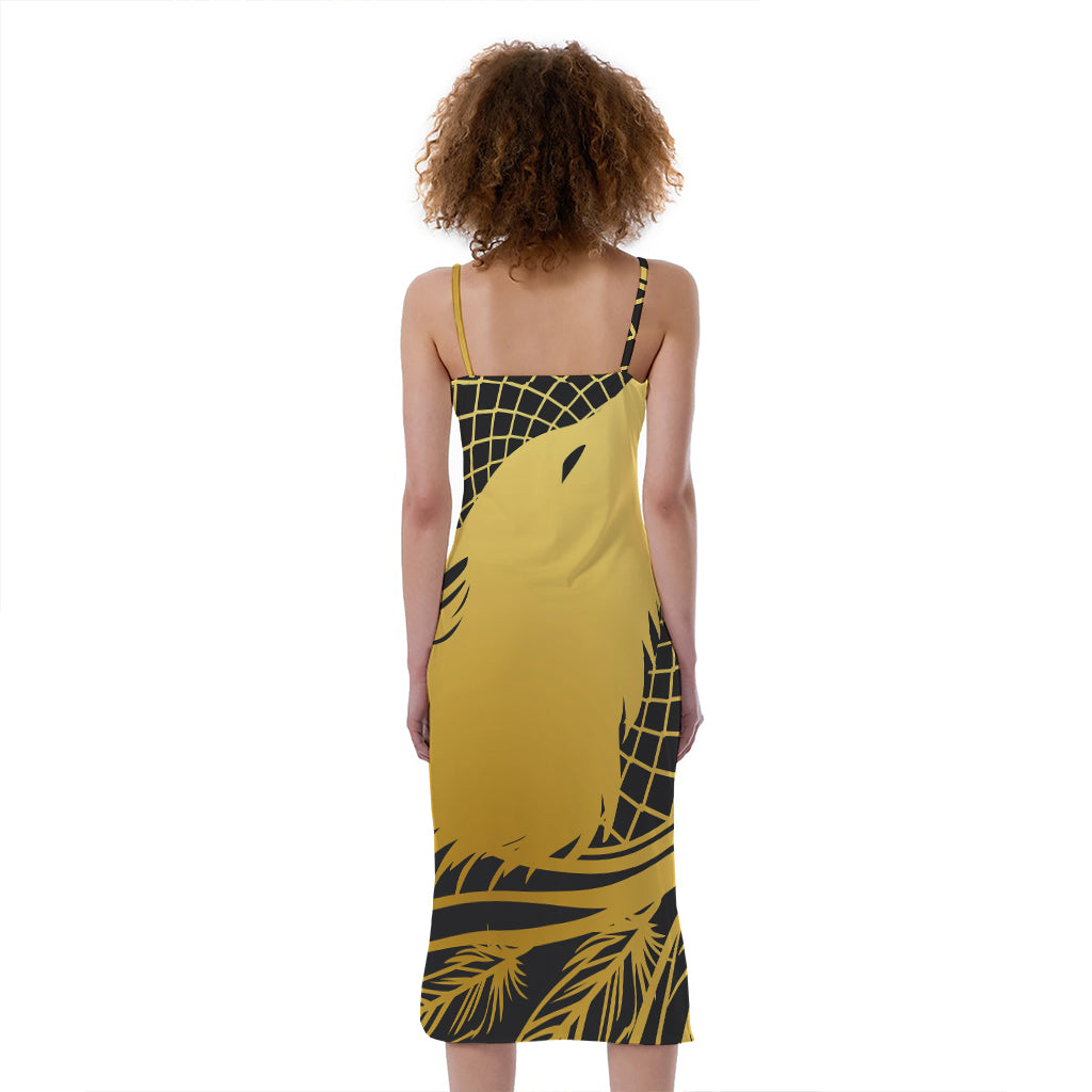 Golden Bohemian Howling Wolf Print Slim Fit Midi Cami Dress