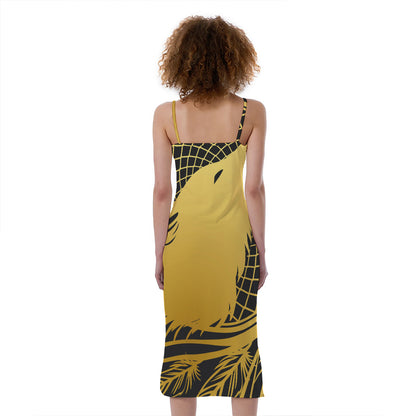 Golden Bohemian Howling Wolf Print Slim Fit Midi Cami Dress