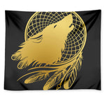 Golden Bohemian Howling Wolf Print Tapestry