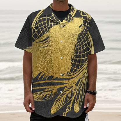 Golden Bohemian Howling Wolf Print Textured Short Sleeve Shirt