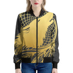 Golden Bohemian Howling Wolf Print Women's Bomber Jacket