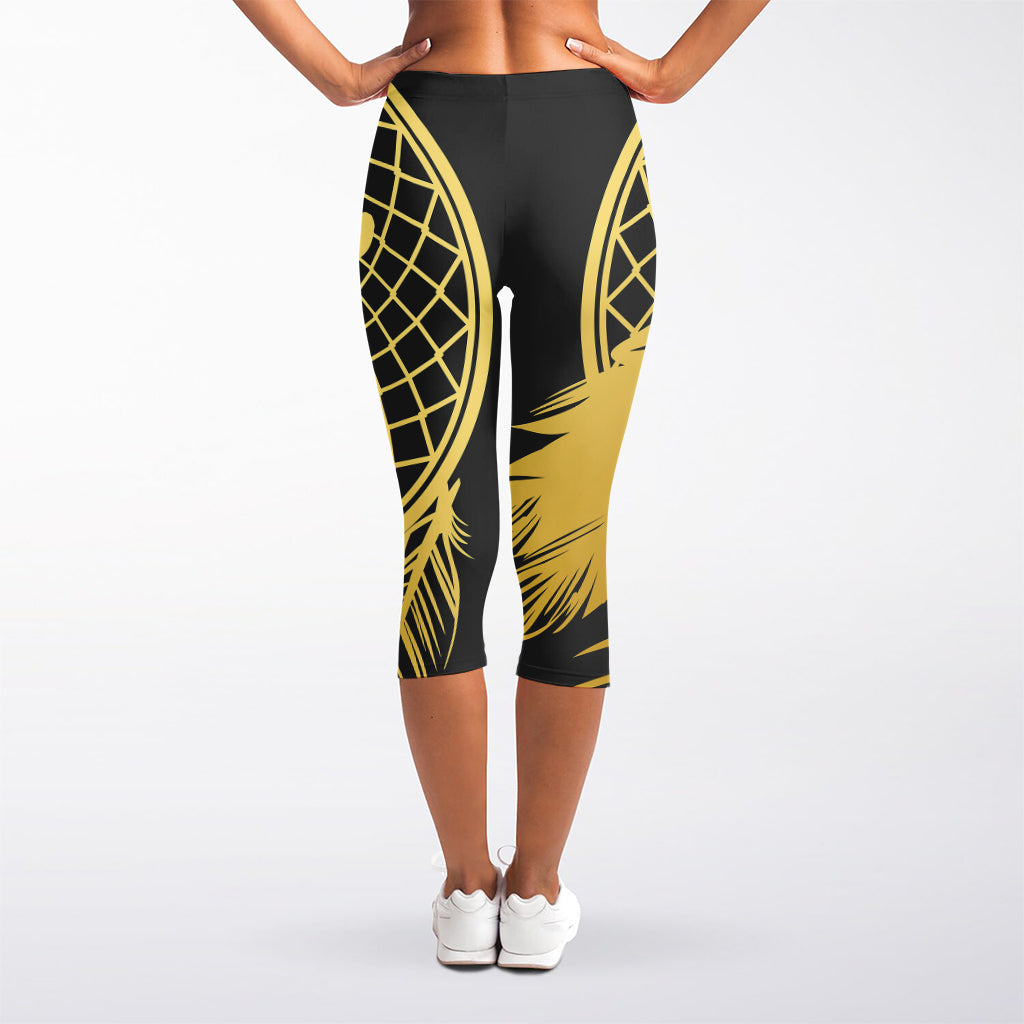 Golden Bohemian Howling Wolf Print Women's Capri Leggings