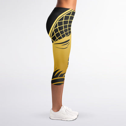 Golden Bohemian Howling Wolf Print Women's Capri Leggings