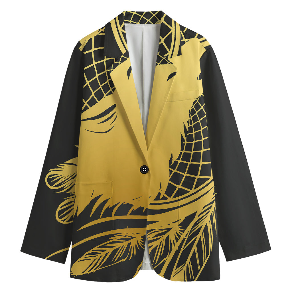 Golden Bohemian Howling Wolf Print Women's Cotton Blazer