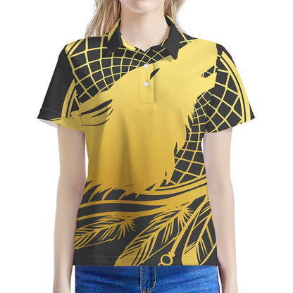 Golden Bohemian Howling Wolf Print Women's Polo Shirt