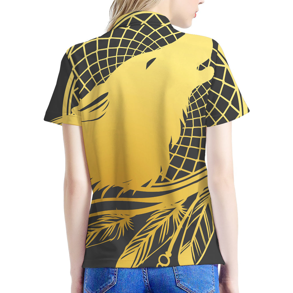 Golden Bohemian Howling Wolf Print Women's Polo Shirt