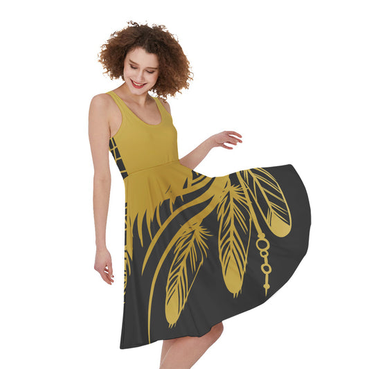 Golden Bohemian Howling Wolf Print Women's Sleeveless Dress