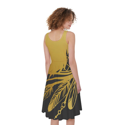Golden Bohemian Howling Wolf Print Women's Sleeveless Dress