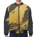 Golden Bohemian Howling Wolf Print Zip Sleeve Bomber Jacket