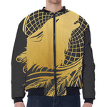 Golden Bohemian Howling Wolf Print Zip Sleeve Bomber Jacket