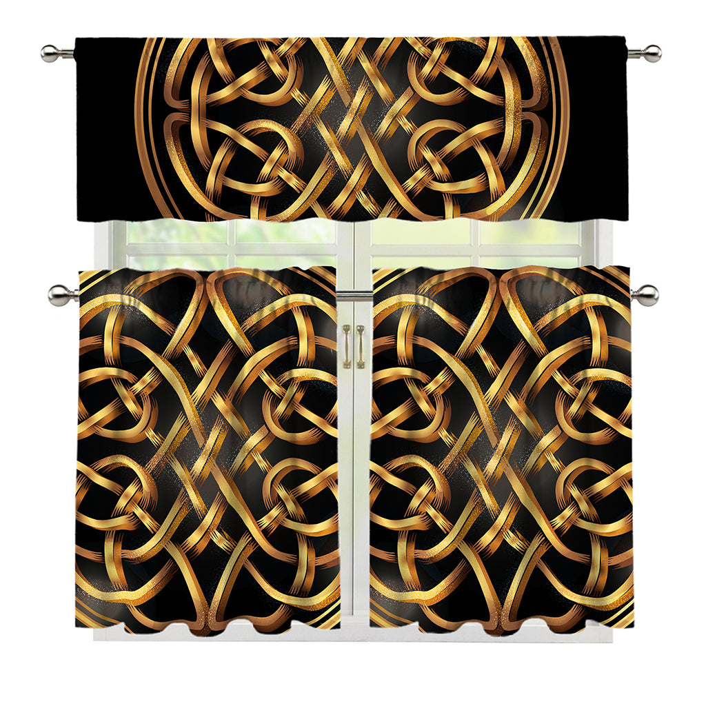 Golden Celtic Knot Print 3 Piece Kitchen Curtains