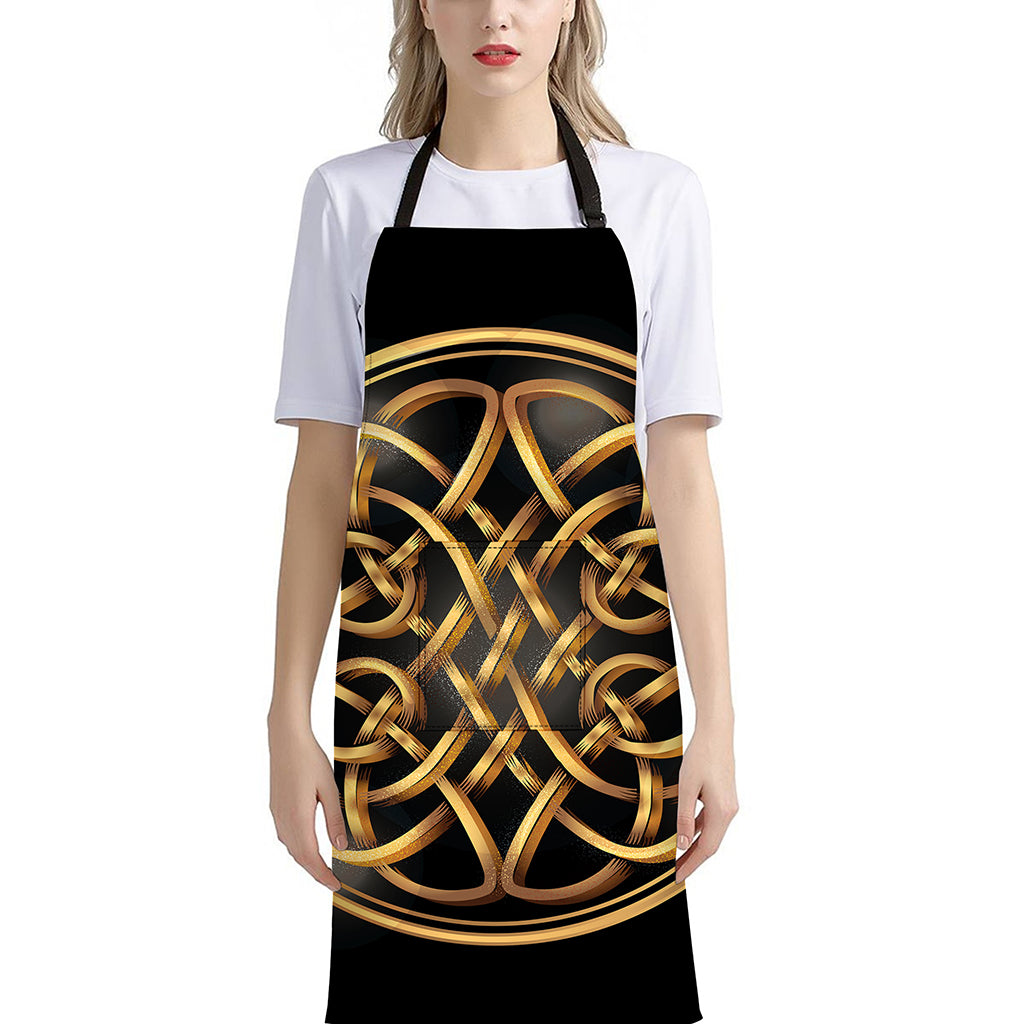 Golden Celtic Knot Print Bib Apron With Pocket