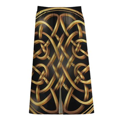 Golden Celtic Knot Print Cotton Front Slit Maxi Skirt