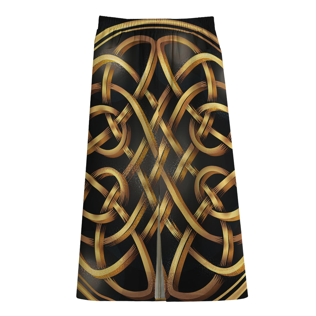 Golden Celtic Knot Print Cotton Front Slit Maxi Skirt