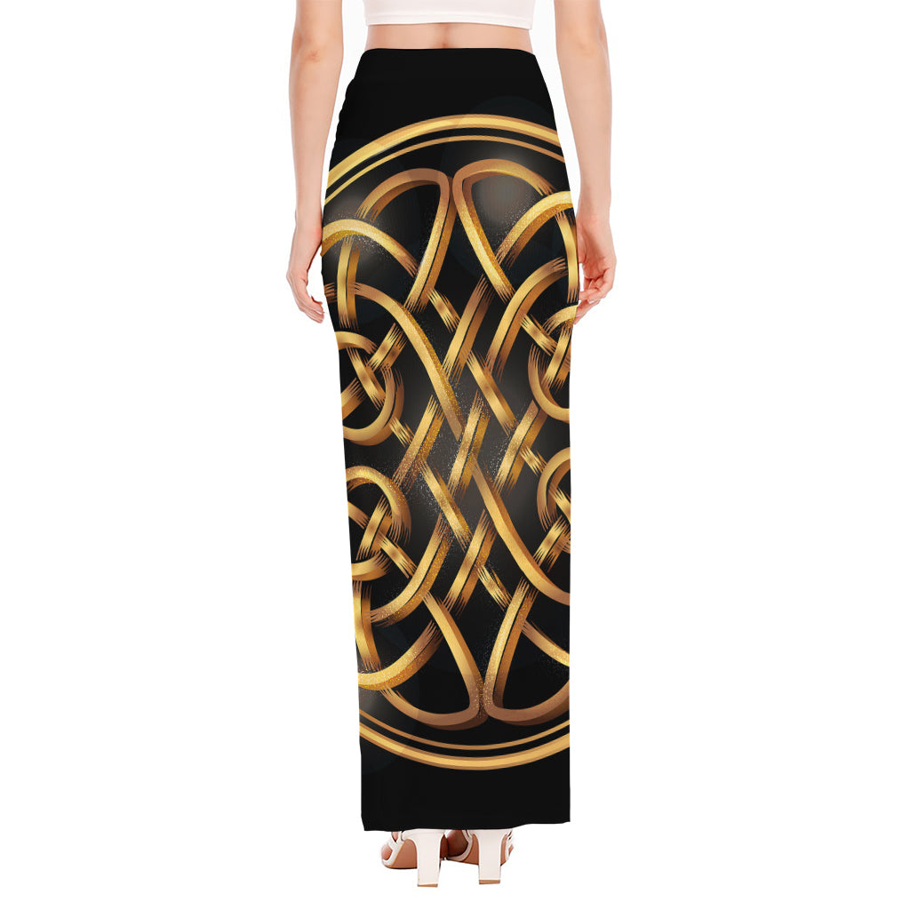 Golden Celtic Knot Print High Slit Maxi Skirt