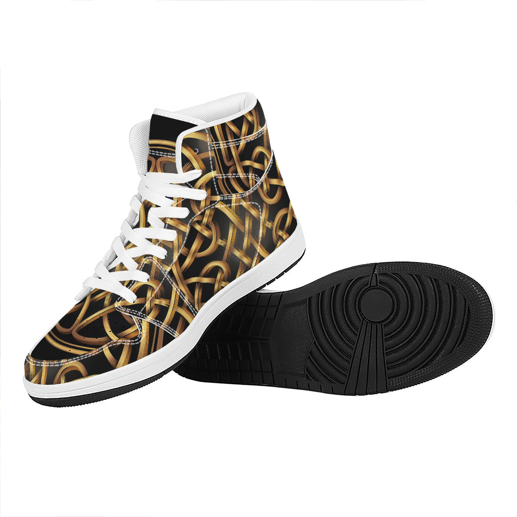 Golden Celtic Knot Print High Top Leather Sneakers