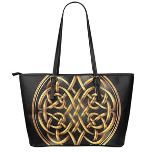 Golden Celtic Knot Print Leather Tote Bag